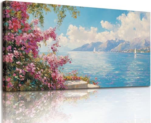 MHARTK66 Meereslandschaft Blumen Leinwand Bilder, 59x119 cm XXL Wandbilder Wohnzimmer Landschaft Bild Aesthetic, Modern Wanddeko Kunstdruck Schlafzimmer Esszimmer Flur Büro Küche
