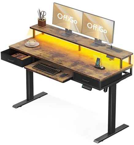 OffiGo Standing Desk with Drawers, 140cm Electric Height Adjustable Desk with Keyboard Tray, Computer Table with Monitor Stand, OfficeTable with Sockets and LED Light, Rustic Brown