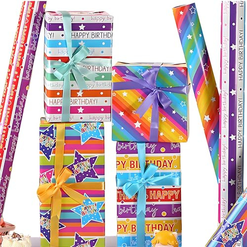 Geschenkpapier, 4 Bögen Geburtstag, Geschenkverpackung Set für Weihnachten und Festliche Dekoration (70cm x 50 cm)