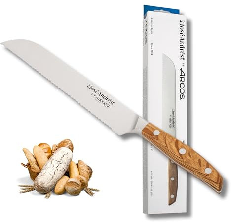 Arcos by Chef José Andrés | Cuchillo de Pan de 20 cm para Panes Artesanales y Productos de Panadería | Hoja Forjada de Acero Inoxidable NITRUM con Borde de Seda | Mango Ergonómico de Madera de Encina
