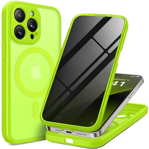 BERFY for iPhone 14 Pro Max Case, Compatible with MagSafe,Bright Green | Built-in Privacy Screen Protector, Full Camera Protection, Shockproof Full Body Translucent Matte Magnetic Phone Case 6.7