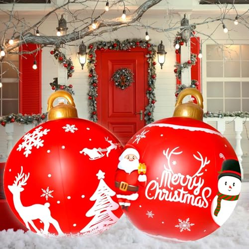 LATERN 2 Stück Riesige Aufblasbare Weihnachtskugeln, 60CM PVC Aufblasbare Dekokugel Schneeflocken Elch Weihnachts Ornament für Weihnachten Drinnen Draußen Haus Garten Rasen Hof Veranda Dekoration
