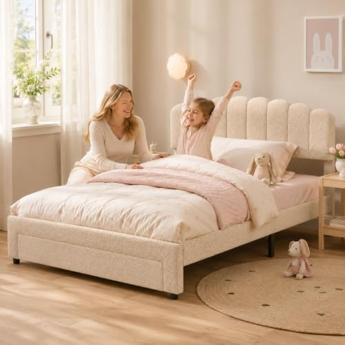 Polsterbett Kinderbett 140x200, Doppelbett mit Stauraum, Bettgestell für Mädchen mit Verstellbares Kopfteil, Prinzessin Bett mit Lattenrost, Jugendbett, Teddy Velvet, Ohne Matratze (Beige, Doppel)