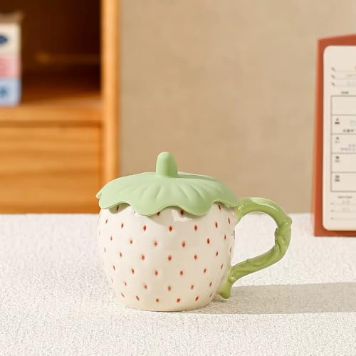 MAGICVOGEL Cute 3D Erdbeere Kaffeebecher mit Silikon Deckel 400ml Porzellan Kaffeetasse Milchbecher Schöne Teetasse Geschenk für Frau Mädchen Freundin Oma (Rosa)