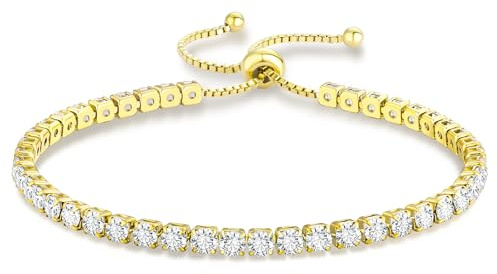 KRKC Verstellbares Tennisarmband Damen, 2/3/4/5mm Breite, 316L Edelstahl | Weißgold / 14K Gelbgold, Hochwertiges Zirkonia Armband mit Feingliedrigkeit, Geschenk für Freundin und Mutter