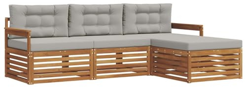 vidaXL Outdoor-Sofagarnitur mit Kissen 4 pcs Natürlich und Hellgrau, Gartenlounge-Set, modernes Ecksofa für draußen, langlebige Möbel für Bequeme Terrassenplätze