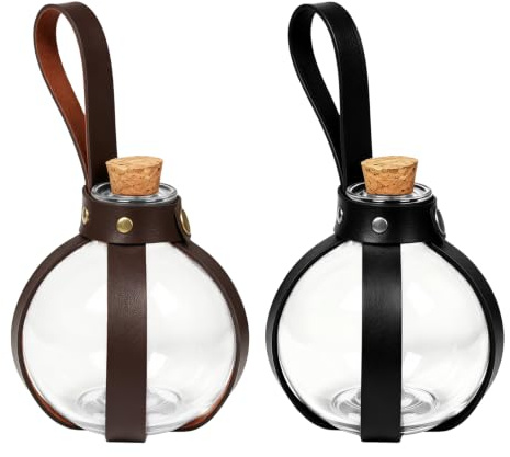 JUFYVO 2 Pcs Magic Cork Potion Bottles Round Clear Spherical Glass Bottles with Leather Strap, 2-Color Medieval Wizard Witch Cosplay Props for Halloween Role-Playing Party