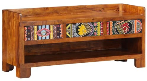 TUERYAFEK Sitzbank Honigbraun Schuhbank aus Akazienmassivholz 100 x 35 x 45 cm mit Stauraum und Schublade für Wohnzimmer