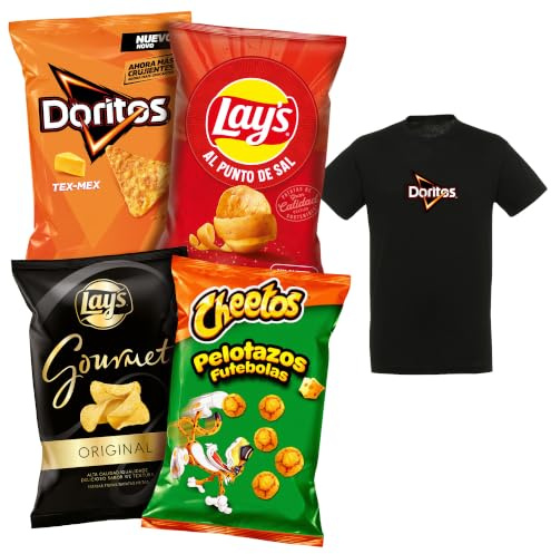 Pack Variado de 8 Bolsas LAY’S Sal, DORITOS Tex Mex, CHEETOS Pelotazos, LAY’S Gourmet, 4 Packs de 2 Bolsas Individuales para Aperitivo y Consumo Diario + Camiseta de Regalo