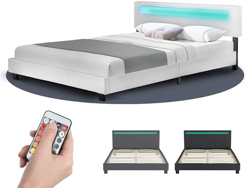Juskys Polsterbett Paris 160x200 cm mit LED Beleuchtung, Lattenrost & Kopfteil - Kunstleder & Holz - weiß - Bett Gästebett Bettgestell