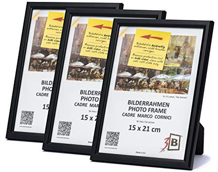 3-B Lot de 3 Cadres JENA - noir - 15x21 cm (A5) - cadre photo en bois exotique avec verre acrylique
