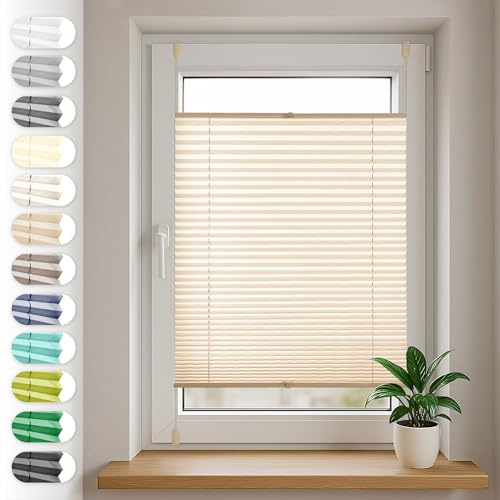 Sonello Plissee Klemmfix ohne Bohren 100cm x 120cm Beige Faltrollo Plisseerollo Jalousie für Tür & Fenster Blickdicht Sichtschutz Sonnenschutz Fertifplissee Rollo