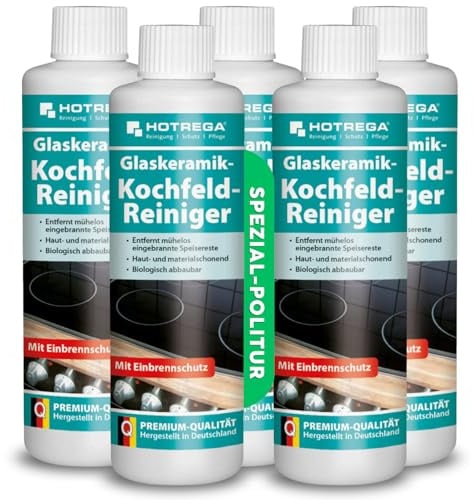 HOTREGA Glaskeramik Kochfeld Reiniger | 5x 250ml Flasche | Politur-Wirkung | Für Induktion, Edelstahl & Ceranfeld | Entfernt Eingebranntes | Schützt vor Mikro-Kratzern | Pflegende Schutzschicht