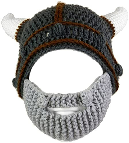 YEKEYI Handgefertigter Strickhelm und abnehmbarer Barbar-Ritter-Strickmütze, Wikingerhörner, Beanie, lustige Mütze, grau, L