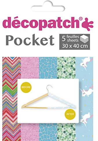 Décopatch DP030C - Packung Déco Pocket mit 5 Blatt 30x40 cm in 5 verschiedenen Designs, praktisch und einfach zum Verwenden, ideal für Ihre Pappmachés und Bastelprojekte, 1 Pack