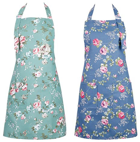 Gaosaili 2 Stück Kochschürze Damen Blumen Schürze mit großen Taschen,Blumenschürze Verstellbare Küchenschürze Kitchen Chef Aprons Grillschürze für Damen(L)