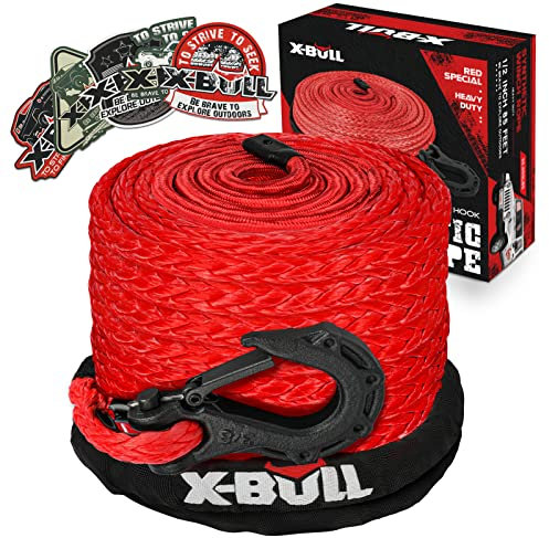 X-Bull Synthetisches Seilwinde-Set, 1,27 cm x 25,9 m, 14,515 kg Seilwinde mit Schutzhülle, geschmiedeter Seilwinde, Haken, Sicherheitszuggurt für Geländewagen, LKW, SUV, ATV, UTV, Rot