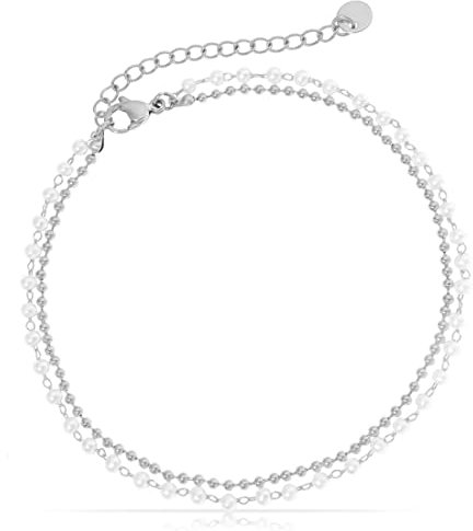 Made by Nami Edelstahl Damen Fußkettchen mit starkem Karabiner-Verschluss - verschiedene Designs - Frauen Fußkette Gold oder Silber - Mädchen Fußschmuck - Geschenk für Sie (Gold) (Silver Double Beads)