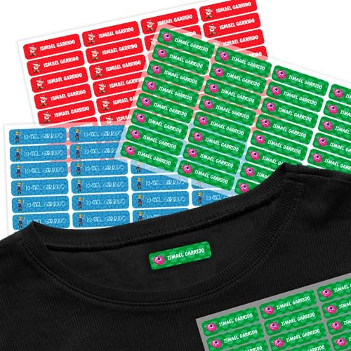 CUAC REVOLUTION Etiquetas Personalizadas para marcar ropa. Etiquetas termoadhesivas para el cole. Etiquetas para la guardería. Pegatinas para la ropa. Tamaño 5x1,2 cm (128 unidades)