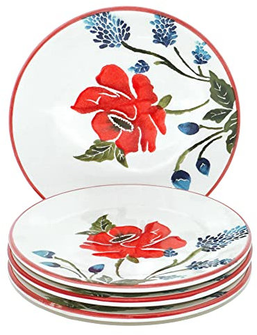 Lashuma Lot de 4 assiettes plates pour petit déjeuner - Motif coquelicot - Rond - Diamètre : 15 cm