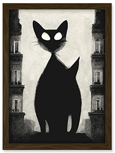 Doppelganger33 LTD Giant Black Cat Le Chat Noir City Monochrome Illustration Artwork Framed Wall Art Print A4