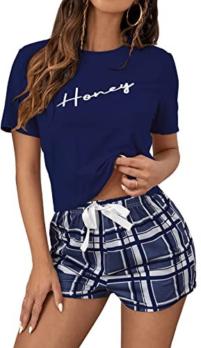 GORGLITTER Damen Pyjama Sets Kurzarm Tops und Sommer Short Plaid Muster Sommerhose Zweiteiliger Schlafanzug Marineblau S