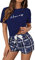 GORGLITTER Damen Pyjama Sets Kurzarm Tops und Sommer Short Plaid Muster Sommerhose Zweiteiliger Schlafanzug Marineblau S