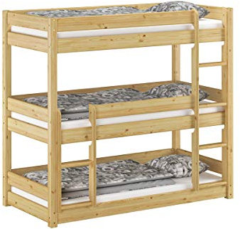 Erst-Holz Dreier-Stockbett für DREI Erwachsene Personen 80x200 Kiefer massiv Natur Zubehör wählbar V-60.03-08, Ausstattung:ohne Zubehör