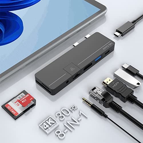 Surface Pro 9 Pro 8 Dockingstation Hub mit 4K HDMI, voll funktionsfähigem Typ C(Display + 10 Gbit/s Daten + 100W PD Aufladung),100M Ethernet,USB3.0,Typ C Data Audio SD/TF,für Microsoft Surface Pro 9/8