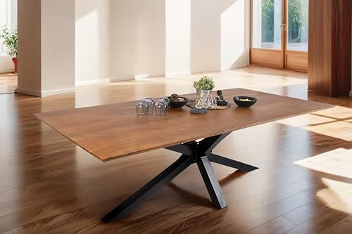 SAM Esstisch 280x100 cm Abby, Akazienholz massiv + nussbaumfarben, Esszimmertisch mit Schweizer Kante, Spider-Metallgestell Schwarz, massiver Holztisch, Tischplatte 26mm
