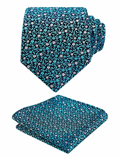 Alizeal Corbata para hombre con estampado de flores pequeñas con bolsillo cuadrado, elegante, único para negocios, boda, fiesta, conjunto de corbata, 152-verde azulado+plata, Taille unique
