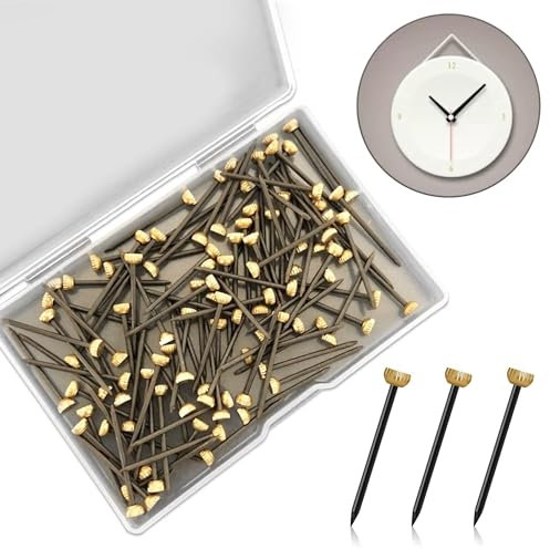 50Pcs Picture Pins Brass Head Hanging Pins, Picture Nails Hook Pins with Plastic Storage Box, Photo Hook Hangers Wall Pins, Panel Wire Hanging Gold Nail, 1 Inch Long