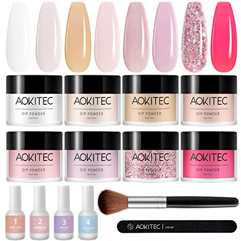 Dipping Powder Nails Set, Aokitec 14Pcs Dip Pulver Nagel Starter Kit 9 Farben Dipping Powder Acryl Nail Puder Glitzer mit Aktivator Basis-/Decklack für Nails Art Maniküre DIY Salon