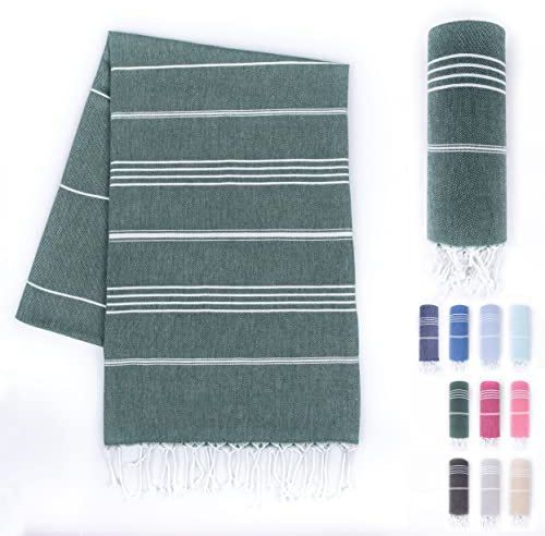 LAYNENBURG Premium Hamamtuch mit handgeknüpften Fransen - 100% Baumwolle - XXL Strandtuch 100x200 cm - Oeko-TEX 100 - Strandhandtuch groß - Saunatuch & Reisehandtuch (Dunkelgrün)