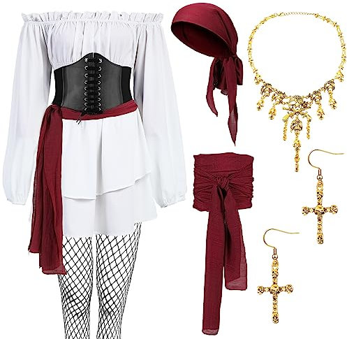 Xtinmee 7pcs Damen Piraten Kostüm Piraten Outfit Erwachsene Bluse Korsett Stirnband Gürtel für Halloween Cosplay Party, Vintage-Farben., M