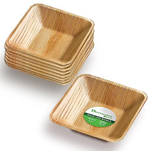 DISPOSABLE GREEN – Square Disposable Bowls, Areca Leaf Serving Bowls, Serving Bowls for Parties, Weddings, Catering, & More, Small Dip Disposable Bowls for Hot & Cold Food, 9L x 9W x 2D cm, 200-Pcs