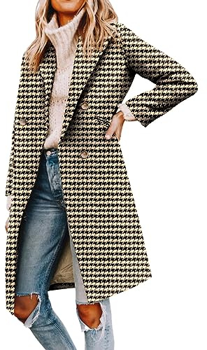 Yousify Womens Notched Lapel Collar Double Breasted Pea Coat Winter Wool Blend Over Coats Long Jackets, Houndstooth B, M