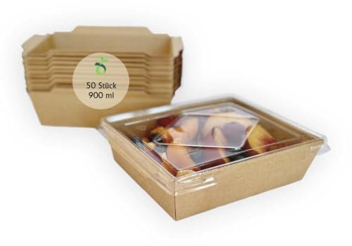 ECOPICNIC Lanchbox in Carta Kraft con Coperchio Trasparente 900 ml - Confezione da 50 Pezzi | Scatole per Alimenti da Asporto, Contenitori Monouso per Cibo, Scatole Ecologiche