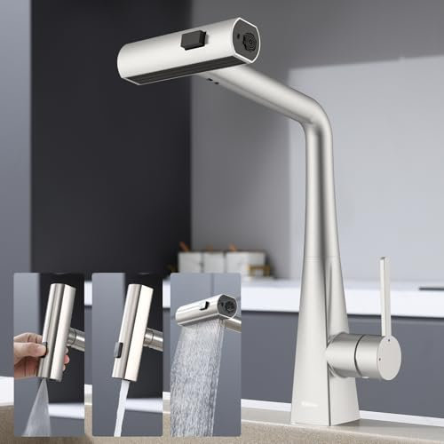 Kelleria Robinet Cuisine Douchette, Démarrage à Froid Robinet d'Évier en Acier Inoxydable avec Bec Pivotant, Trois Modes de Jet d'Eau Robinetterie, Mitigeur avec Douchette Extractible, Rotation à 360°