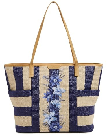 Bolso de paja para mujer, Paja de rayas azul marino, Talla única
