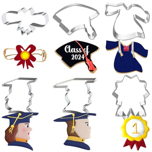 ALIBBON 6 Pcs Graduation Cookie Cutter Set Graduation Cap Diploma Academic Dress Medal Biscuit Mold Graduation Stainless Steel Cookie Cutters for Graduation Party Supplies
