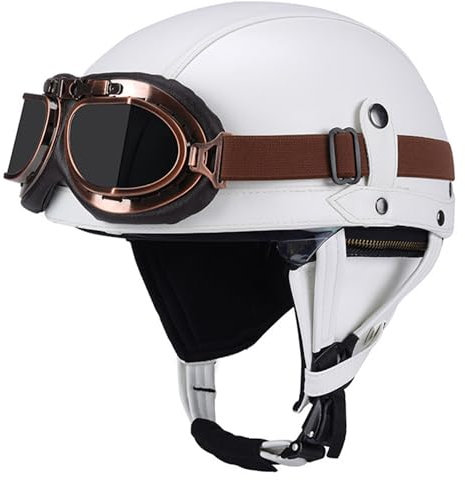 Casco Jet Vintage Omologato ECE Mezzo Pelle Casco Da Motociclista Con Occhiali Casco A Scodella Caschi Cromwell Per Uomo Donna Biker Cruiser Scooter Touring 4,XL:61-62CM