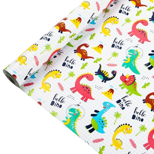 HBell Dinosaurier-Geschenkpapierrolle, 43 cm x 15 m, für Kinder und Jungen, Dino-Motiv, Partygeschenk Mit Schnittlinie