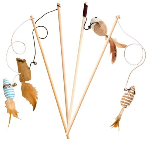 4 PCS Cat Wand Toy,Different Mouse Styles Wooden Cat Teaser Wand,Cat Mice Toy with Feather Tail,Elastic String & Mini Bell,Interactive Cat Toy for Indoor Cats,Wood Rod Cat Stick Feather Toys (Style 1)