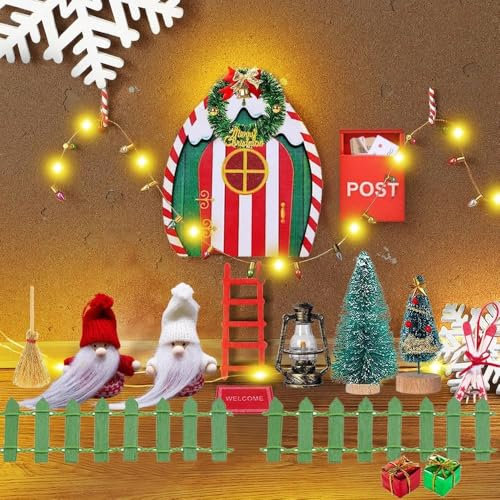 Licht Weihnachtsdeko Elfentür,21 Stücke Weihnachten Feentür Ornament Set,Weihnachtswichtel Komplettset,Weihnachtswichtel Set für Kinder,Wichteltür set mit licht,Wichteltür Zubehör Weihnachten Set