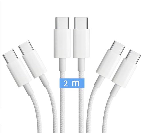 Lot de 3 Câble USB C vers USB C 2M 100W Câble Tressé Nylon Câble Chargeur Charge Rapide Blanc pour Apple MacBook Pro, iPad Pro, iPhone 15, iPhone 16, Samsung Galaxy, Google Pixel,Xiaomi,Redmi, Honor