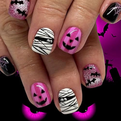 Ceboic Halloween French Tip False Nails Short, 24Pcs Square Acrylic Press on Nails, Reusable Artificial Stick on Nails with Black Bat Pattern for Women and Girls Nail Art - Pink Jack-O'-Lantern