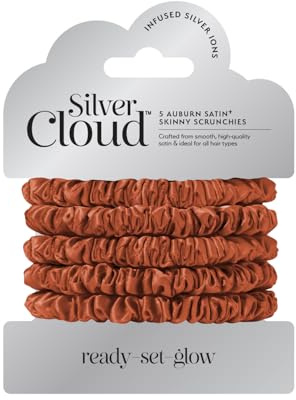 Silver Cloud Satin Skinny Scrunchies 5 Pack for All Hair Types | Stylish Ties & Luxurious Accessory That Promotes Healthier Hair (Auburn)