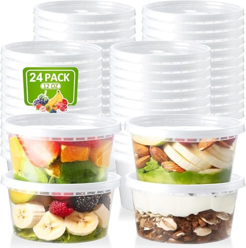 LATERN 24 Piezas Recipientes de Plástico para Alimentos con Tapas, 360ml /12oz Vasos Reutilizables para Almacenar Alimentos Contenedor Hermético para Almacenar Sopa, Apto para Congelador e Microondas