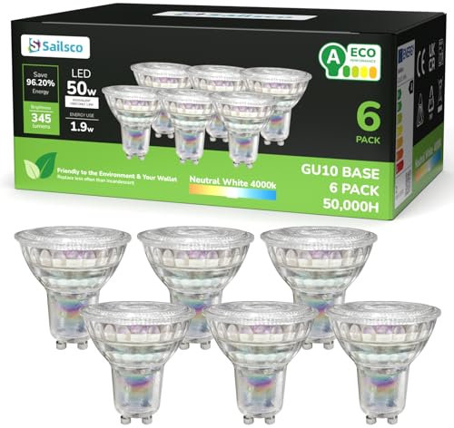 sailsco Energieklasse A GU10 LED Neutralweiss Lampe,1.9W 345LM 4000K Neutralweiß GU 10 Spot Energiesparlampe,50W Glühbirne Ersetzt,36 Grad Abstrahlwinkel G10 Leuchtmittel,Nicht Dimmbar,Glas,6 Stück